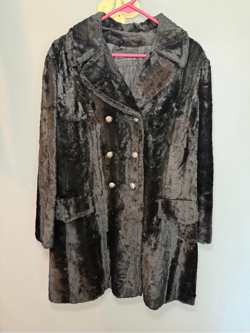 Vintage Woodward & Lothrop Washington Faux Fur Black Double-Breasted Coat